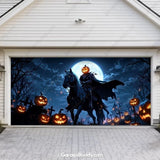 GarageBuddy Headless Horseman Halloween garage door cover for double-door garages, featuring the iconic headless rider on a galloping horse, holding a glowing jack-o’-lantern, set against a dark, haunted backdrop — perfect for a dramatic Halloween display.