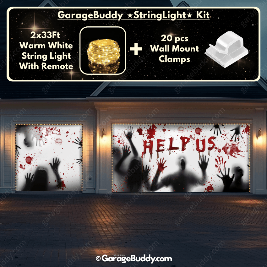 Help us Garage door cover with String Warm Light with remote and wall mount clamps