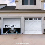 GarageBuddy Peeking Clown Halloween garage door cover for 2-door garages, spooky decoration for a festive outdoor display.