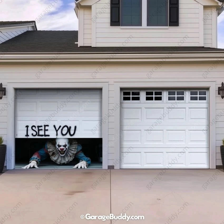 GarageBuddy Peeking Clown Halloween garage door cover for 2-door garages, spooky decoration for a festive outdoor display.