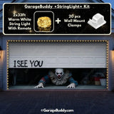 GarageBuddy Peeking Clown Halloween garage door cover for double door garages with glowing lights, spooky decoration for a festive outdoor display.