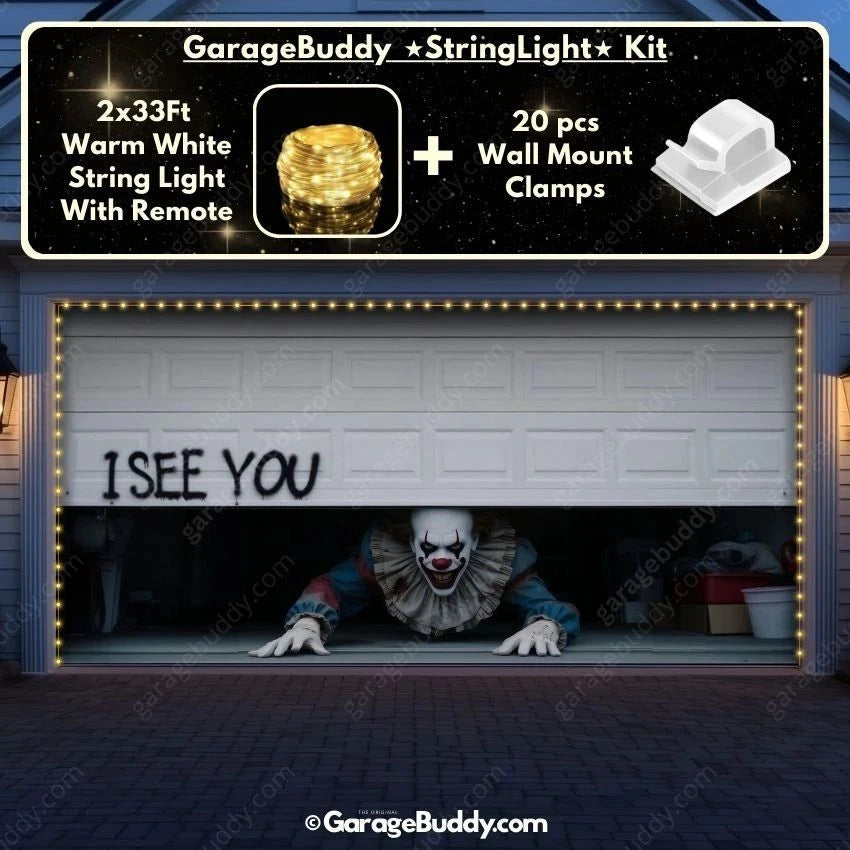 GarageBuddy Peeking Clown Halloween garage door cover for double door garages with glowing lights, spooky decoration for a festive outdoor display.