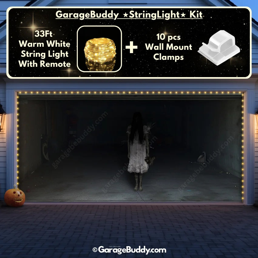 Possessed Girl Halloween garage door cover on a double-door garage, featuring glowing lights and a spooky design of a haunted girl for a chilling Halloween display