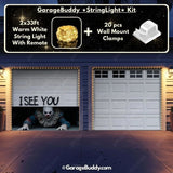 GarageBuddy Peeking Clown Halloween garage door cover for 2-door garages with glowing lights, spooky decoration for a festive outdoor display.
