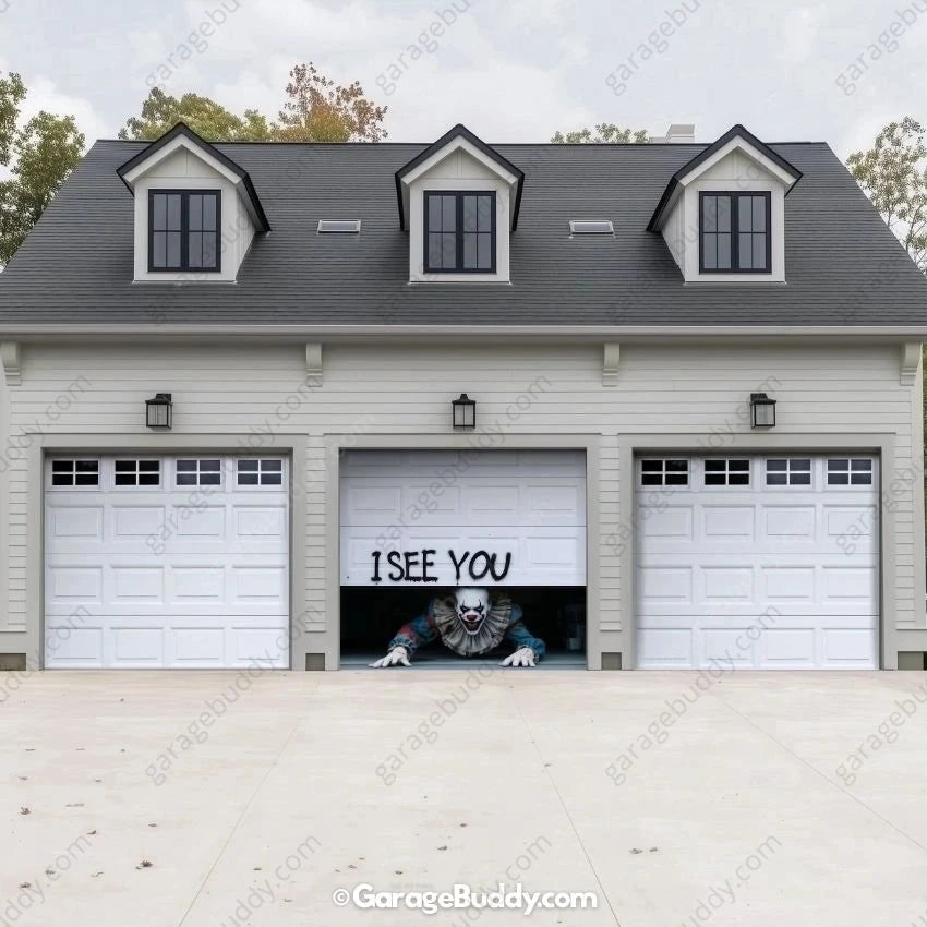 GarageBuddy Peeking Clown Halloween garage door cover for 3-door garages spooky decoration for a festive outdoor display.