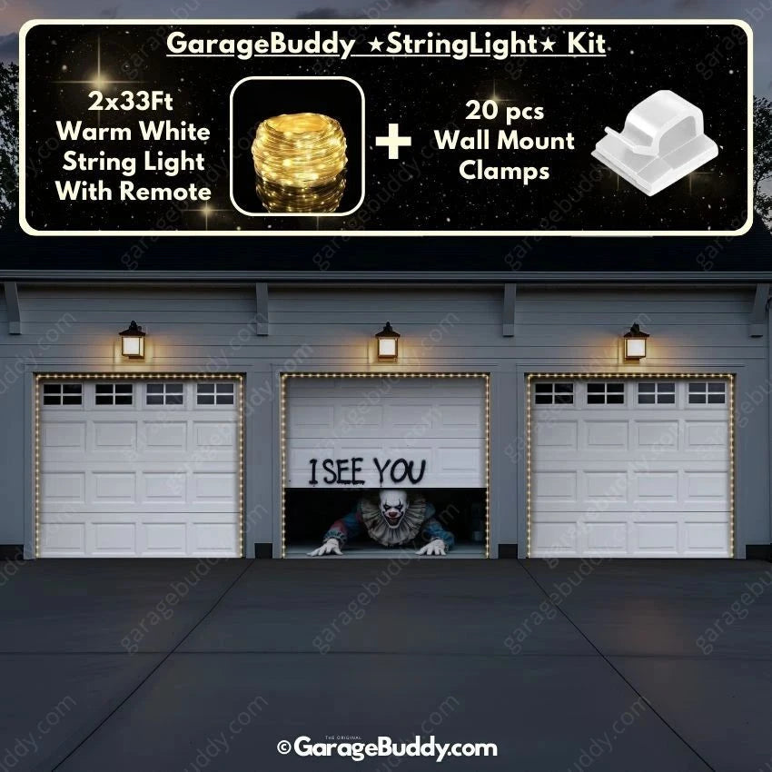 GarageBuddy Peeking Clown Halloween garage door cover for 3-door garages with glowing lights, spooky decoration for a festive outdoor display.