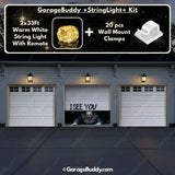 GarageBuddy Peeking Clown Halloween garage door cover for 3-door garages with glowing lights, spooky decoration for a festive outdoor display.