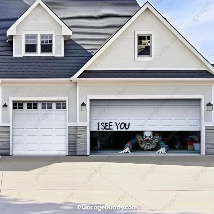 GarageBuddy Peeking Clown Halloween garage door cover for 2-door garages, spooky decoration for a festive outdoor display.