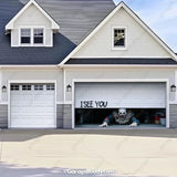 GarageBuddy Peeking Clown Halloween garage door cover for 2-door garages, spooky decoration for a festive outdoor display.