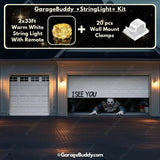 GarageBuddy Peeking Clown Halloween garage door cover for 2-door garages with glowing lights, spooky decoration for a festive outdoor display.