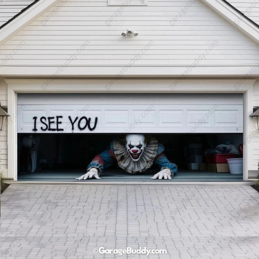 GarageBuddy Peeking Clown Halloween garage door cover for double door garages with glowing lights, spooky decoration for a festive outdoor display.