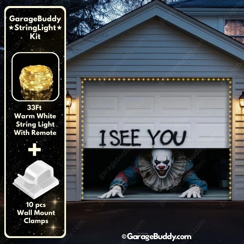 GarageBuddy Peeking Clown Halloween garage door cover for single door garages with glowing lights, spooky decoration for a festive outdoor display.