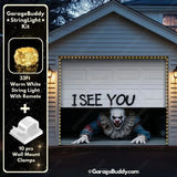 GarageBuddy Peeking Clown Halloween garage door cover for single door garages with glowing lights, spooky decoration for a festive outdoor display.