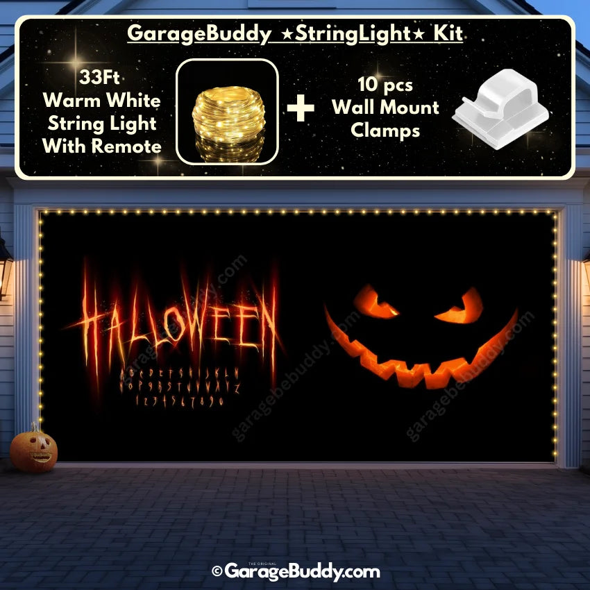 Spooky Halloween garage door cover on a double-door garage, featuring glowing lights and a spooky design of a haunted girl for a chilling Halloween display