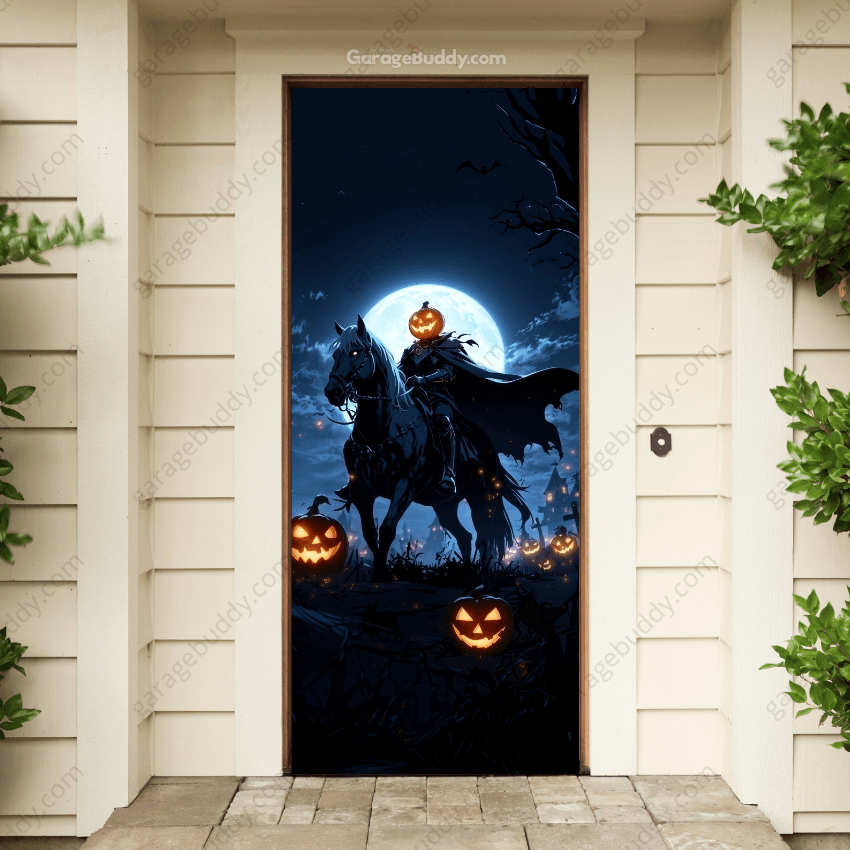 Headless Horseman front door cover featuring spooky Halloween imagery.