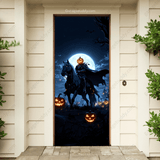 Headless Horseman front door cover featuring spooky Halloween imagery.