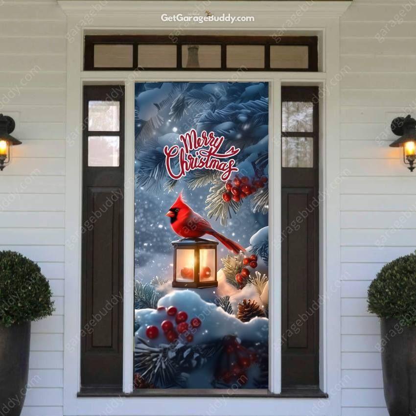 GarageBuddy Cardinal’s Christmas front door cover featuring a bright red cardinal perched on a snowy branch with winter greenery and holly, creating a festive and elegant holiday decoration for your front door.
