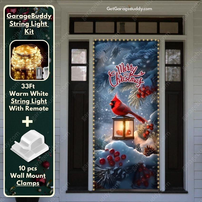 GarageBuddy Cardinal’s Christmas front door cover featuring a vibrant red cardinal perched on a snowy branch surrounded by winter greenery and holly, enhanced with a soft glowing string light kit to create an elegant and festive holiday display.