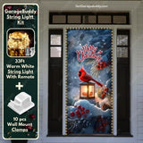 GarageBuddy Cardinal’s Christmas front door cover featuring a vibrant red cardinal perched on a snowy branch surrounded by winter greenery and holly, enhanced with a soft glowing string light kit to create an elegant and festive holiday display.