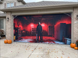 Halloween garage door cover featuring a masked figure in a red-lit horror garage scene.