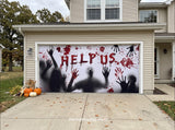 Scary Halloween garage door cover with blood splatters and 'HELP US' text
