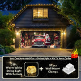 Santa’s Garage garage door cover on a double-door garage, decorated with glowing holiday lights and festive Santa Claus-themed designs.