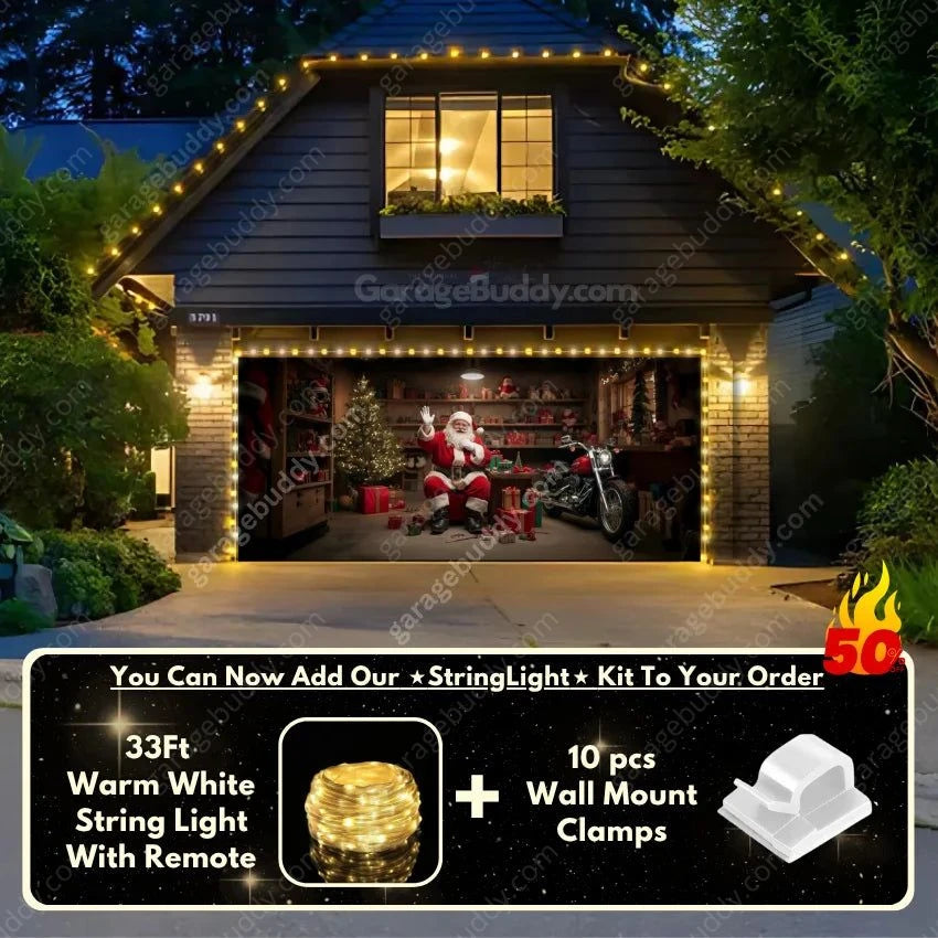 Santa's Workshop Christmas Garage Door Cover with String Light Kit | GarageBuddy