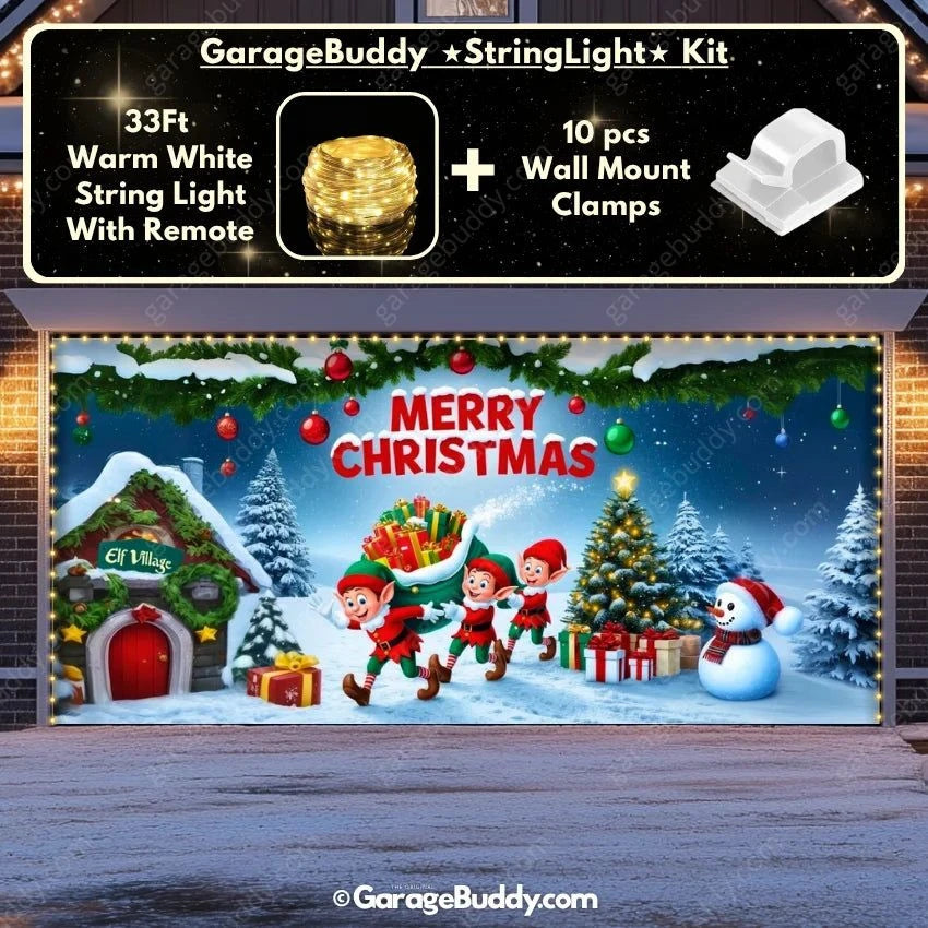 Elf Village Christmas Garage Door Cover with Lights - GarageBuddy