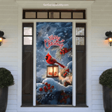 GarageBuddy Cardinal’s Christmas front door cover featuring a vibrant red cardinal perched on a snowy branch with winter greenery, accented by soft glowing lights — creating an elegant and festive holiday display for your front entrance.