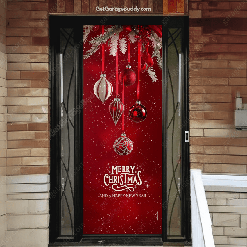 GarageBuddy Merry Christmas Holiday garage door cover featuring a bold “Merry Christmas” message surrounded by festive holiday decorations like snowflakes and ornaments, accented with glowing string lights for a bright and cheerful seasonal display.