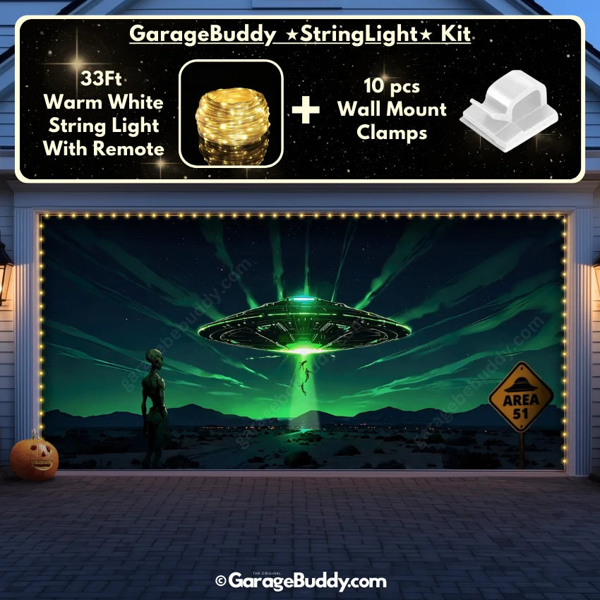 Alien Abduction Halloween garage door cover on a double-door garage, featuring glowing lights and a dramatic UFO scene for a fun, sci-fi Halloween display.