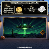 Alien Abduction Halloween garage door cover on a double-door garage, featuring glowing lights and a dramatic UFO scene for a fun, sci-fi Halloween display.
