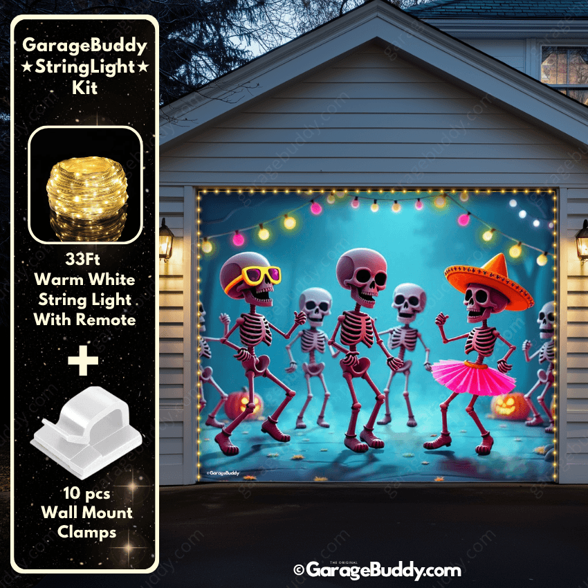 Boogie Bones Garage door cover with String Warm Light with remote and wall mount clamps