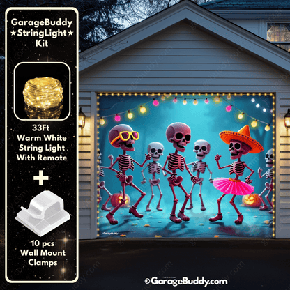 Boogie Bones Garage door cover with String Warm Light with remote and wall mount clamps