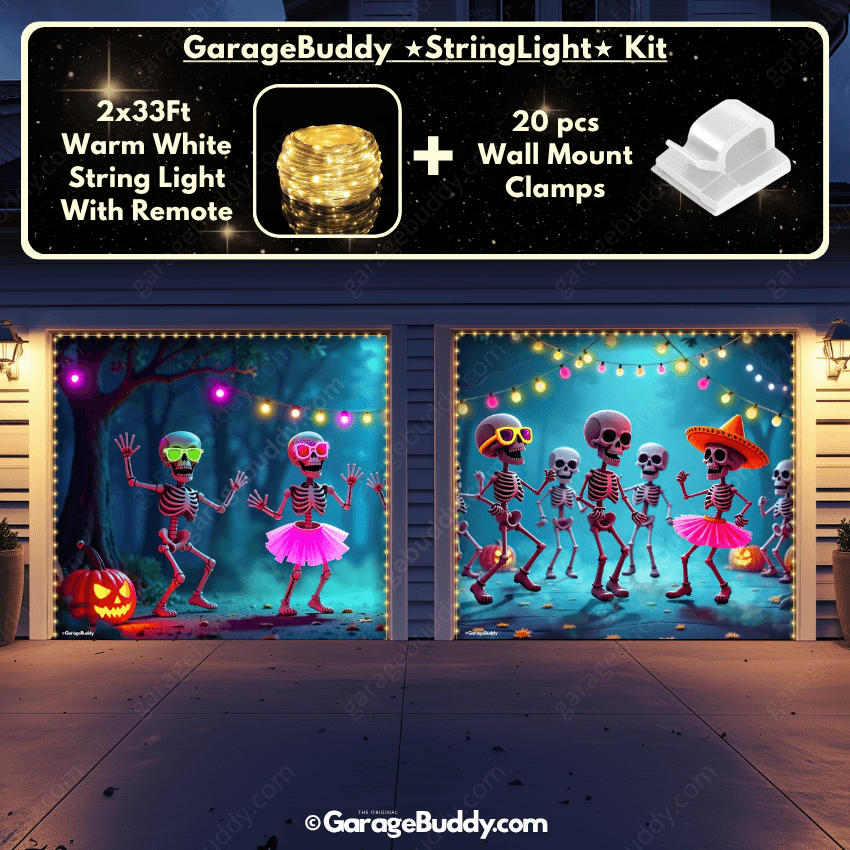 Boogie Bones Halloween Garage door cover with String Warm Light with remote and wall mount clamps 