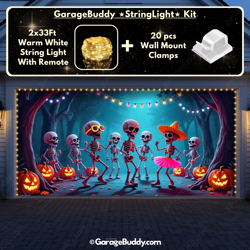 Boogie Bones Halloween Garage Door Cover with String Warm Light with remote and wall mount clamps