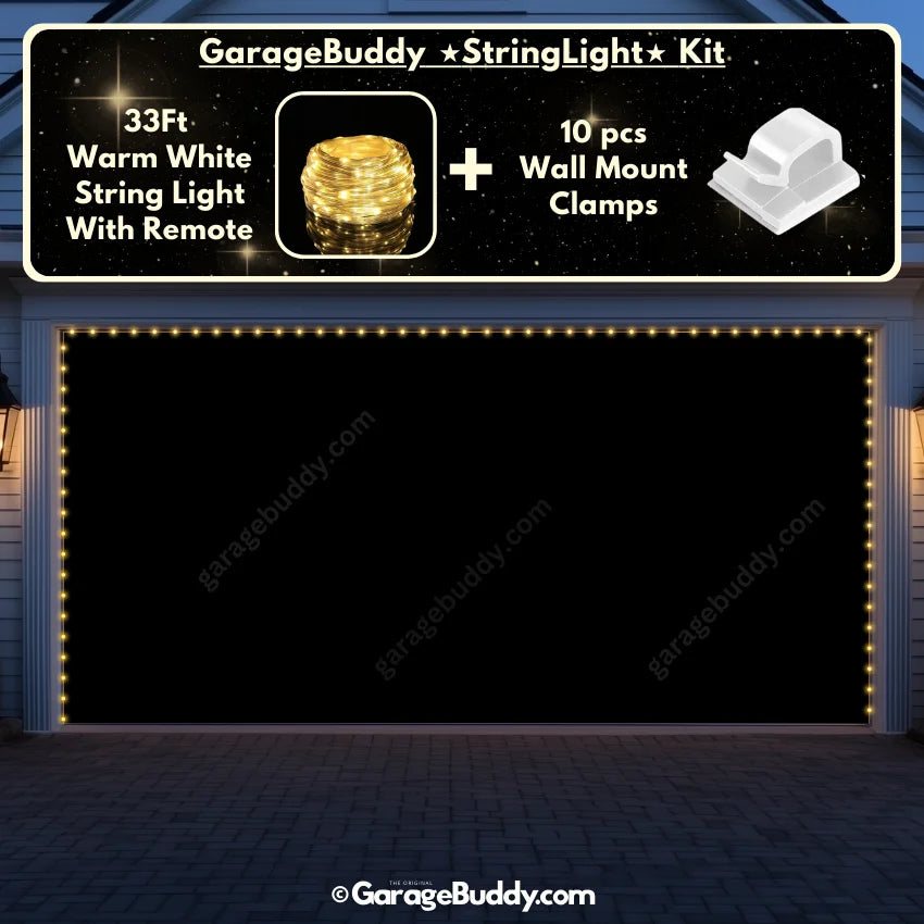 Classic Black garage door cover on a double-door garage, accented with glowing lights for a sleek and elegant look.