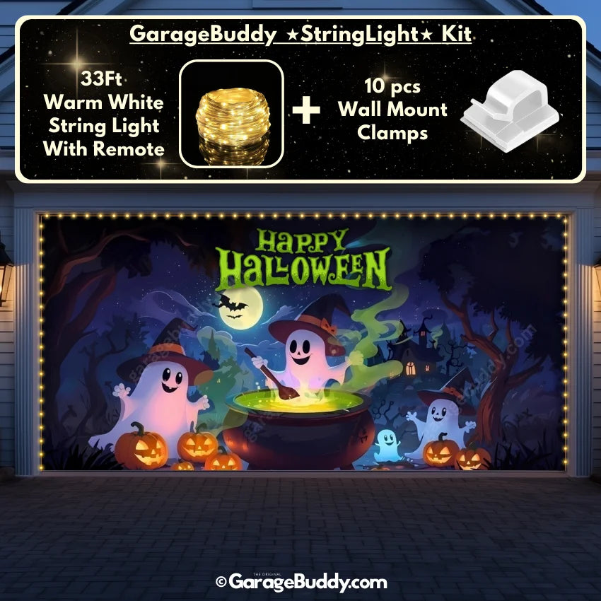 A group of small, glowing ghost decorations with friendly, smiling faces. The ghosts emit a soft white or pastel-colored light, creating a whimsical and spooky-cute atmosphere, perfect for Halloween.