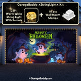 A group of small, glowing ghost decorations with friendly, smiling faces. The ghosts emit a soft white or pastel-colored light, creating a whimsical and spooky-cute atmosphere, perfect for Halloween.