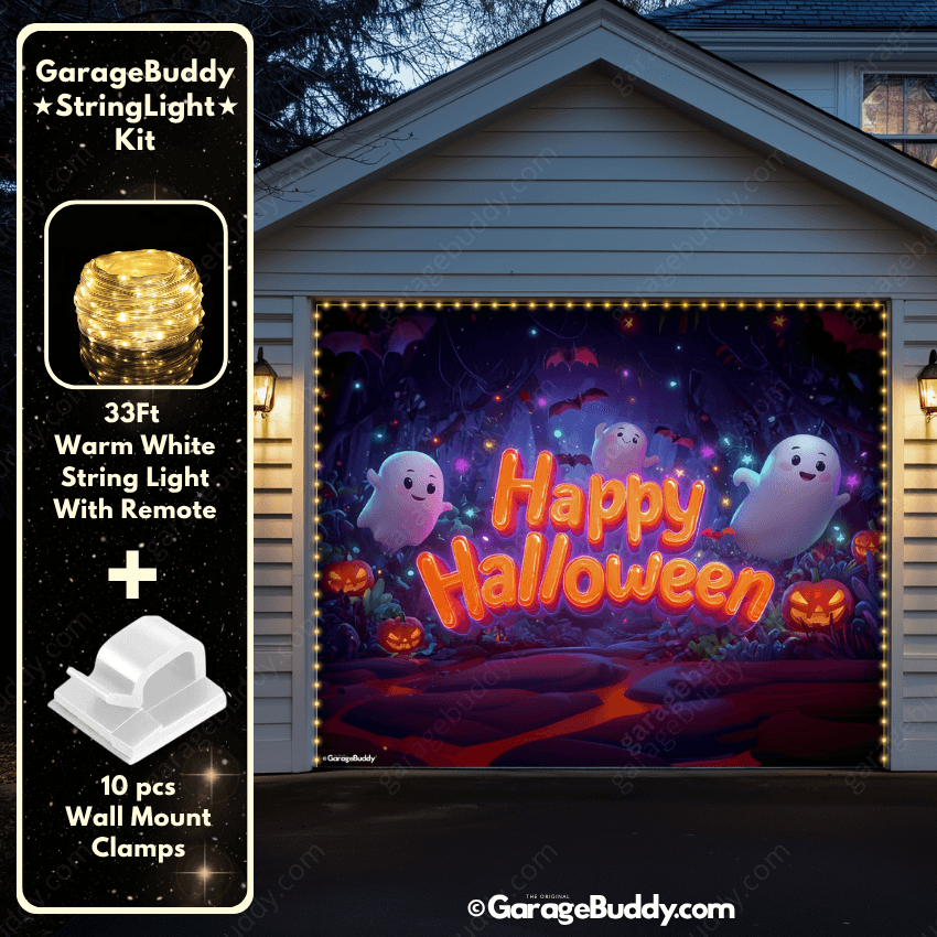 Cute Ghost Party Halloween Garage door cover for Single door with String Warm Light with remote and wall mount clamps