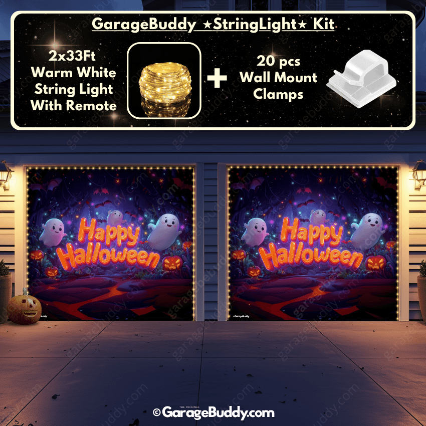 Cute Ghost Party Halloween Garage door cover for two doors with String Warm Light with remote and wall mount clamps