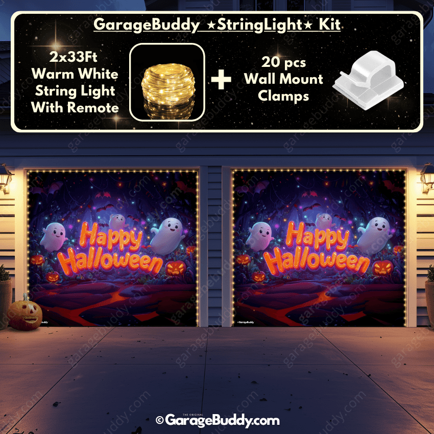 Cute Ghost Party Halloween Garage door cover for two doors cover with String Warm Light with remote and wall mount clamps
