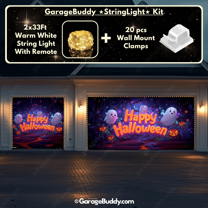 Cute Ghost Party Halloween Garage door cover with String Warm Light with remote and wall mount clamps 