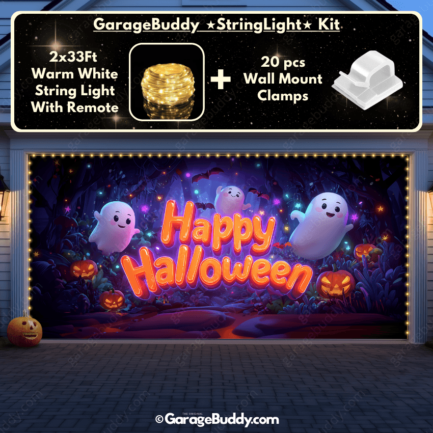 Cute Ghost Party Halloween Garage door cover for double door with String Warm Light with remote and wall mount clamps