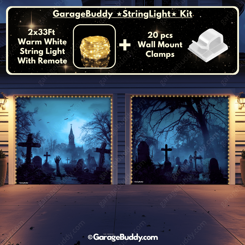 Grave Rising Halloween Garage door cover for two door with String Warm Light with remote and wall mount clamps