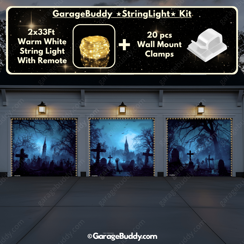 Grave Rising Garage door cover with String Warm Light with remote and wall mount clamps