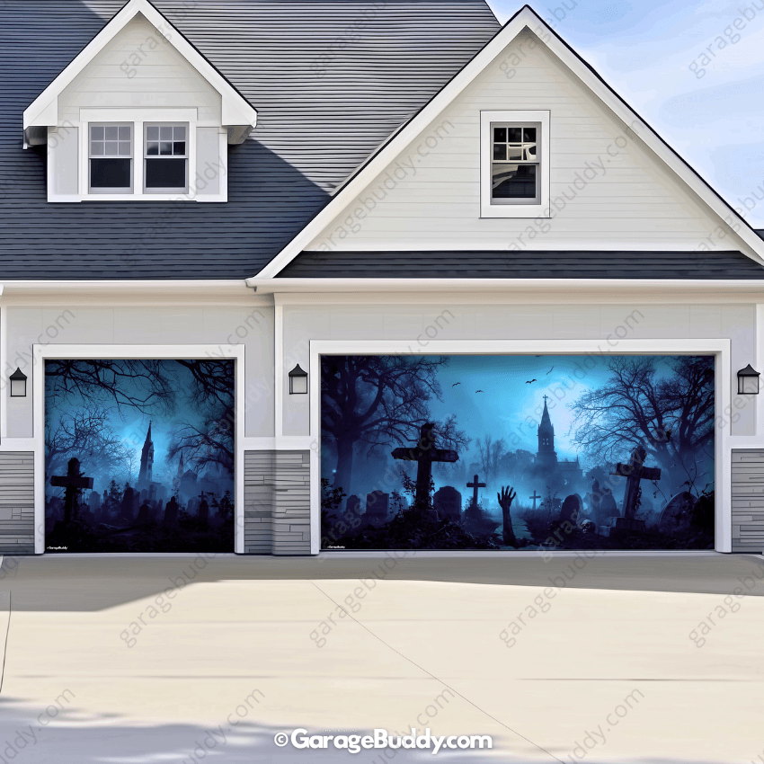 Grave Rising Halloween Garage door cover with String Warm Light with remote and wall mount clamps 