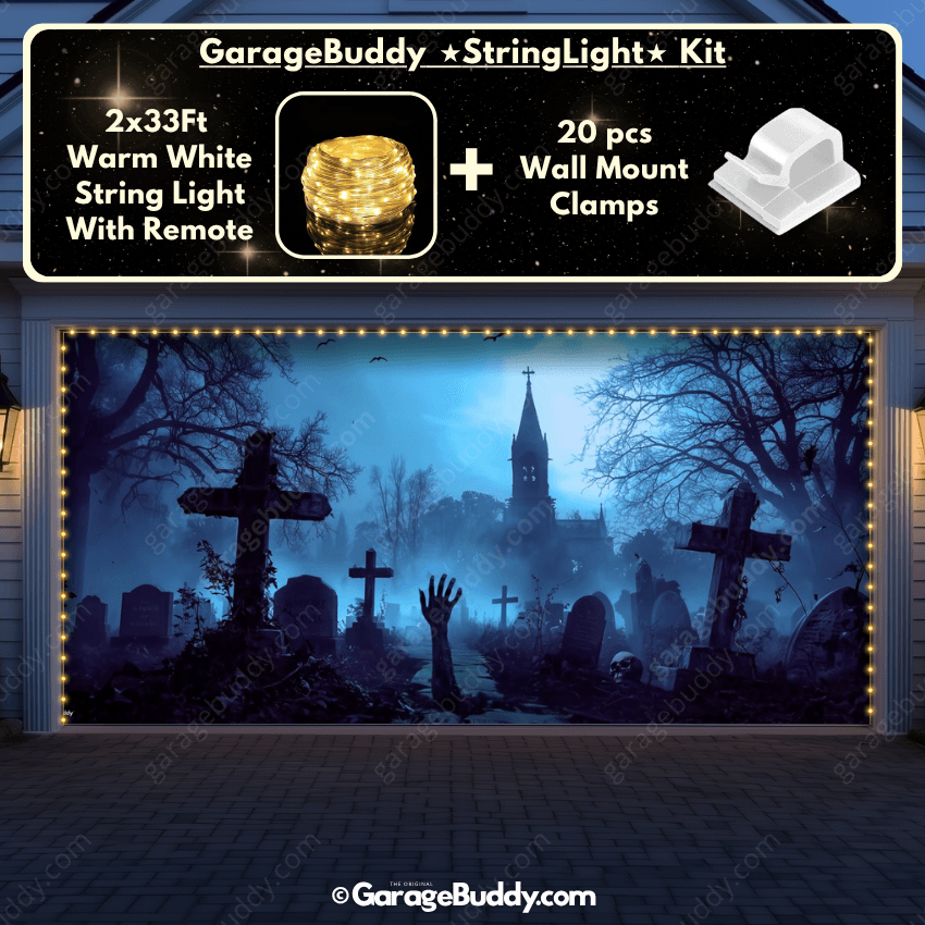 Grave Rising Garage door cover with String Warm Light with remote and wall mount clamps
