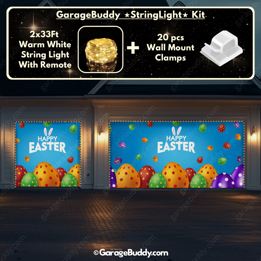 Happy Easter Garage Door Cover with Garage String Warm Light with remote and wall mount clamps