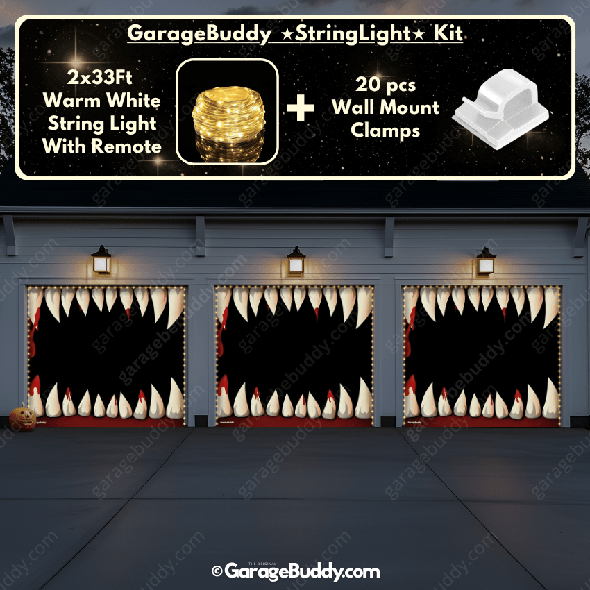 Monster teeth Halloween Garage Door Cover with Garage String Warm Light with remote and wall mount clamps